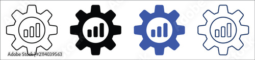 Process optimization vector icon collection featuring gear, growth chart, workflow management, operational efficiency, business analytics, productivity improvement, performance monitoring and strategy