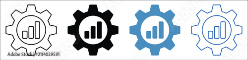 Process optimization vector icon collection featuring gear, growth chart, workflow management, operational efficiency, business analytics, productivity improvement, performance monitoring and strategy