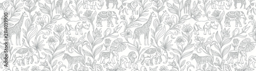 Seamless vintage safari animals and flora pattern