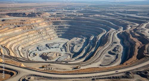 Expansive open-pit mine operation with layered terraces and heavy equipment visible on dusty roads