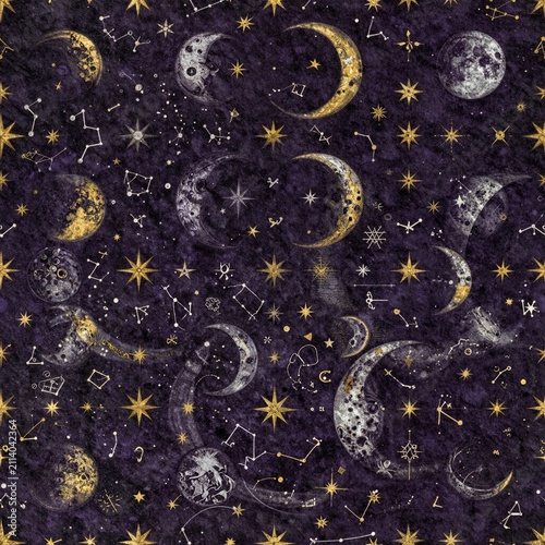 Seamless Tileable Pattern of Celestial Occult Moon and Stars