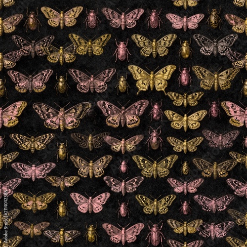 Seamless Tileable Pattern of Engraved Moths and Beetles