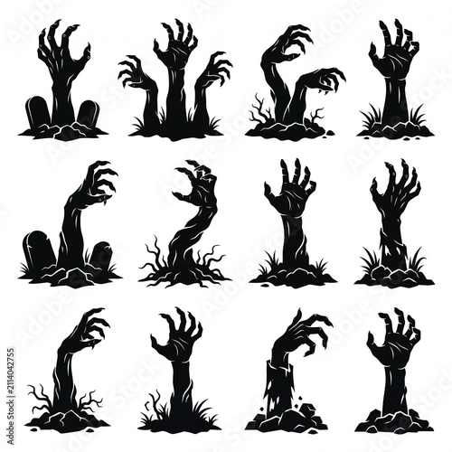 Halloween zombie hands. Spooky haunted arms appear of ground silhouette vector illustration set. Creepy zombie arms elements, vector isolated on white