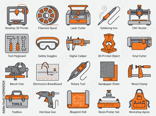 Comprehensive set of makerspace tools and DIY equipment icons showing fabrication gear isolated on a neutral background for workshop layout.