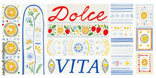Konstfotografi dolce vita illustration with colorful fruits and patterns lemons apples oranges