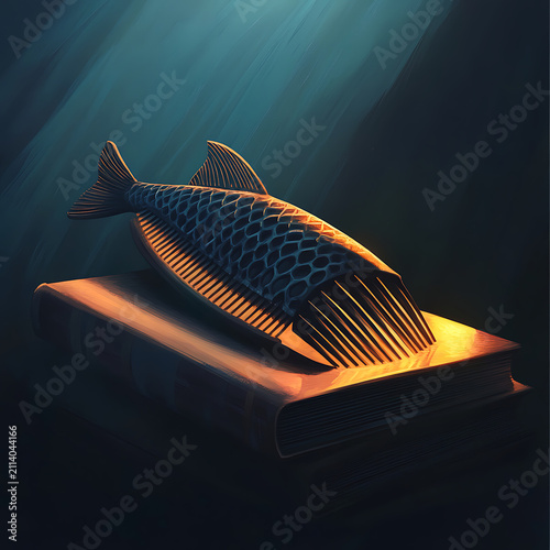 Ancient Fossilized Fish Skeleton Displayed Under Dramatic Museum Lighting.