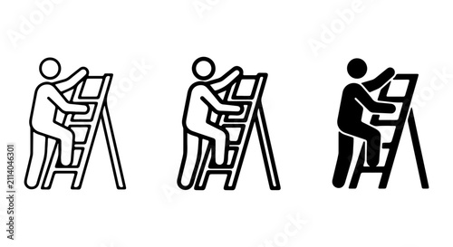 Bild auf Leinwand Stick Figure Climbing Ladder Icons, Simple Person Ascending Steps, Career Growth