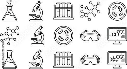 Bild auf Leinwand Science Laboratory and Chemistry Research Line Icon Set with Erlenmeyer Flasks M