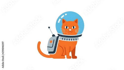 Whimsical orange cat illustration dressed as an astronaut, featuring a clear space helmet and a detailed backpack, ready for cosmic adventures and exploration