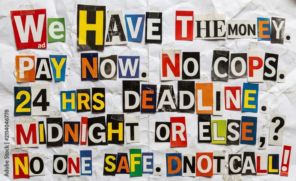 Obraz premium Ransom note message made of cut out magazine paper letters on white background. Threatening letter with criminal demand for money. Concept of crime, kidnapping, extortion and mystery