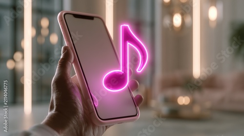 Hand holds glowing smartphone displaying vibrant music play icon in urban night setting