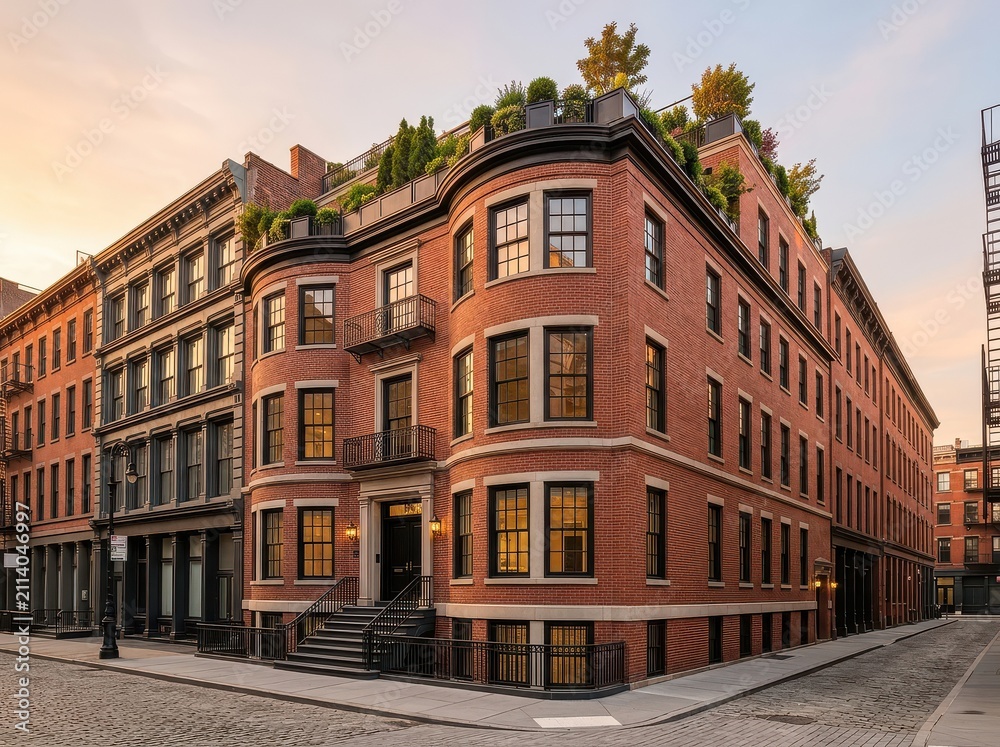Obraz premium Red brick corner apartment building with rounded facade