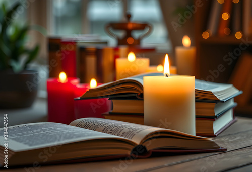Open book and lit candles o...