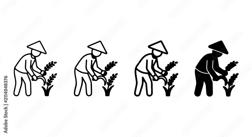 Fototapeta premium Rice Farmer Icons, Asian Agriculture Harvest Symbols, Simple Line Art Collection