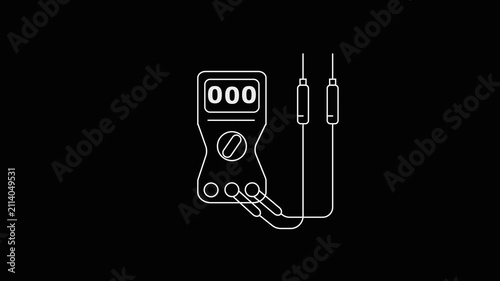 A minimalist white line of a digital multimeter with two probes and wires on a solid black background representing electrical testing and measurement equipment.