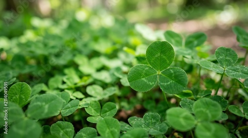 Lush green clover field with a prominent leaf in focus