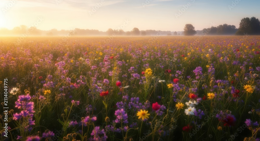 Obraz premium Vast wildflower meadow in bloom at sunrise with golden light