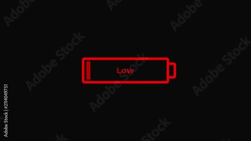 Red outline of a battery with a dark red low charge indicator and the word Low in dark red text centered within the battery symbol on a black background.