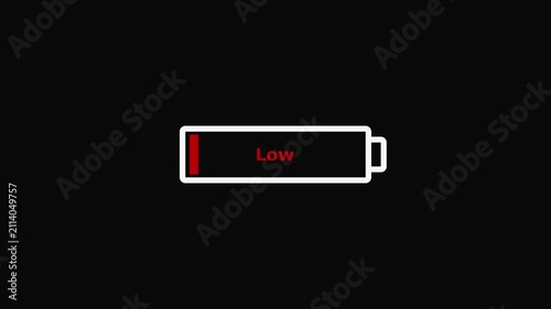 Simple white outline of a battery with a red low charge indicator and the word Low in red text centered within the battery symbol on a black background.