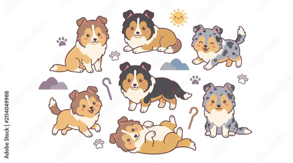 Obraz premium Set of cute sheltie dogs in various poses with paw prints and landscape elements, playful puppy collection for stickers and print materials
