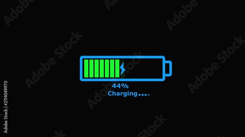 A blue outlined battery displaying hundred  percent charge with a lightning bolt symbol and the text Charging below on a black background.