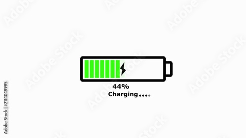 A black outlined battery showing hundred percent charge with a lightning bolt symbol and the text Charging appearing below on a white background.