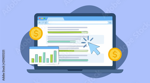 Digital marketing, online advertising, and financial growth concept on laptop