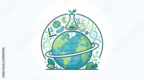 Globe illustration depicts global biotechnology research and environmental science integration.