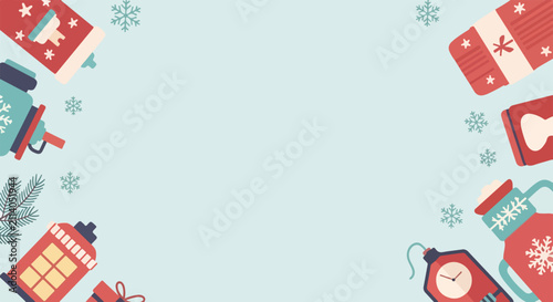 Bild auf Leinwand A festive winter background featuring stylized illustrations of lanterns, warm drinks, and mittens arranged around a central light blue space