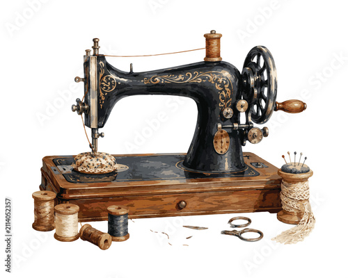 Vintage Sewing Machine with Thread Spools and Sewing Accessories.