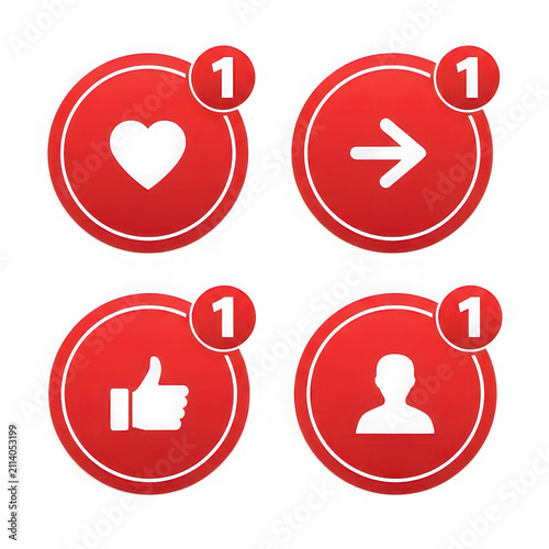 Red social media notification icons with number one isolated on transparent
