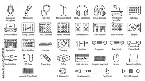 Audio equipment icons illustrating professional studio gear and recording hardware are organized in a detailed collection.