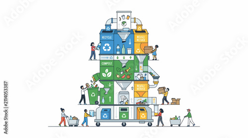 Recycling machine processes various waste materials with the help of workers in a sustainable facility.