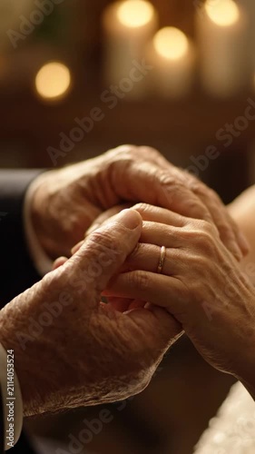 Elderly couple's hands gently clasped, symbolizing a lifetime of unwavering love, companionship, and commitment illuminated by warm, soft candlelight