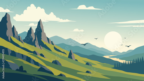 Beautiful Scenic Mountain Valley Flat Vector Landscape With Green Hills And Winding River