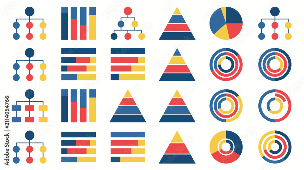 Obraz premium Hierarchical diagrams and pyramid charts visualize organizational structures and project complexity for business planning.