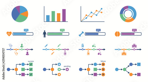 Process flow diagrams illustrate project milestones and task completion status using intuitive graphical icons and progress bars.