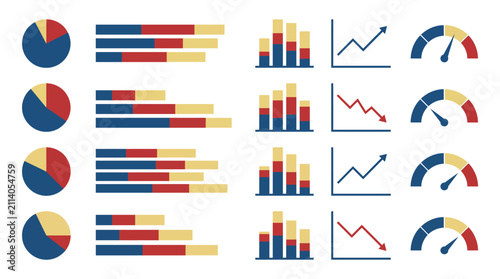 Charts and gauges display statistical performance metrics with various bar graphs and trend lines on a white background.