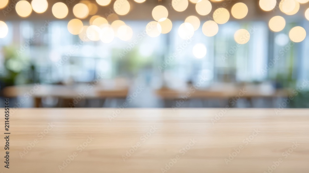Fototapeta premium Empty wooden table surface for presentation with blurred bright bokeh office background lighting display.