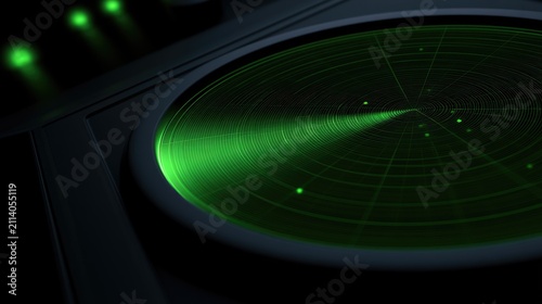 Close-up of a green radar screen displaying a sweeping signal and multiple blips