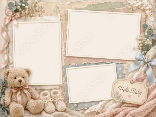 Blank scrapbook photo album page template with collage frame. Baby shower invitation design decorated with aesthetic ribbon, knitted booties and keepsake elements for newborn memories