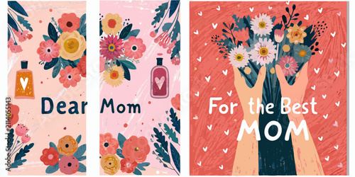 Fotografie mother s day floral posters with colorful bouquet mothers hand holding flowers p