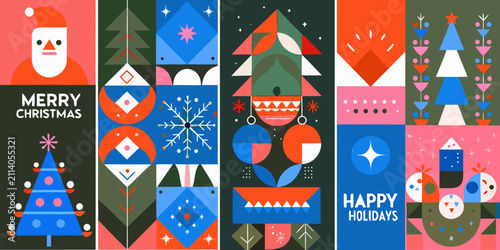 Foto modern geometric christmas posters with abstract shapes tree santa claus snowfla