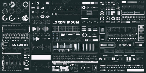futuristic ui elements collection monochrome vector icons interface design graphics technology digital screen controls buttons sliders bars circles squares shapes patterns glitch effects