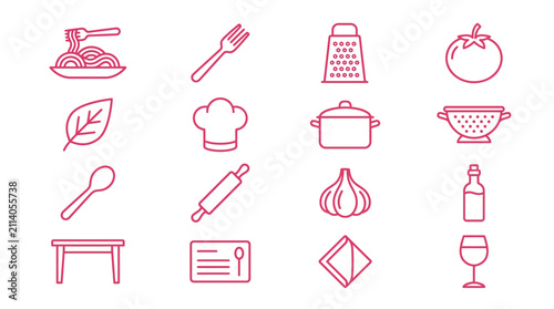 Фотография A collection of line art icons representing various kitchen and food-related items, presented in a grid layout with a pink outline on a white background