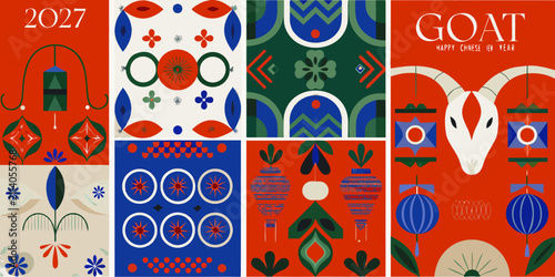 vibrant modern posters celebrating the 2027 chinese new year goat celebration pattern ornament red background blue green flower star circle vector illustration festival