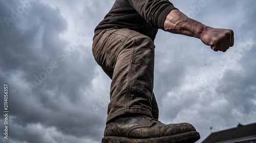 Man Clenched Fist Raised in Determined Gesture Against Stormy Sky
