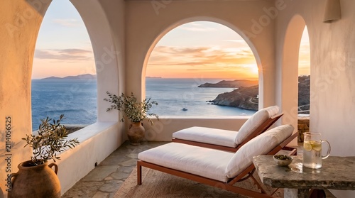 Patio Lounge Chairs with Ocean View Sunset and Mediterranean Style