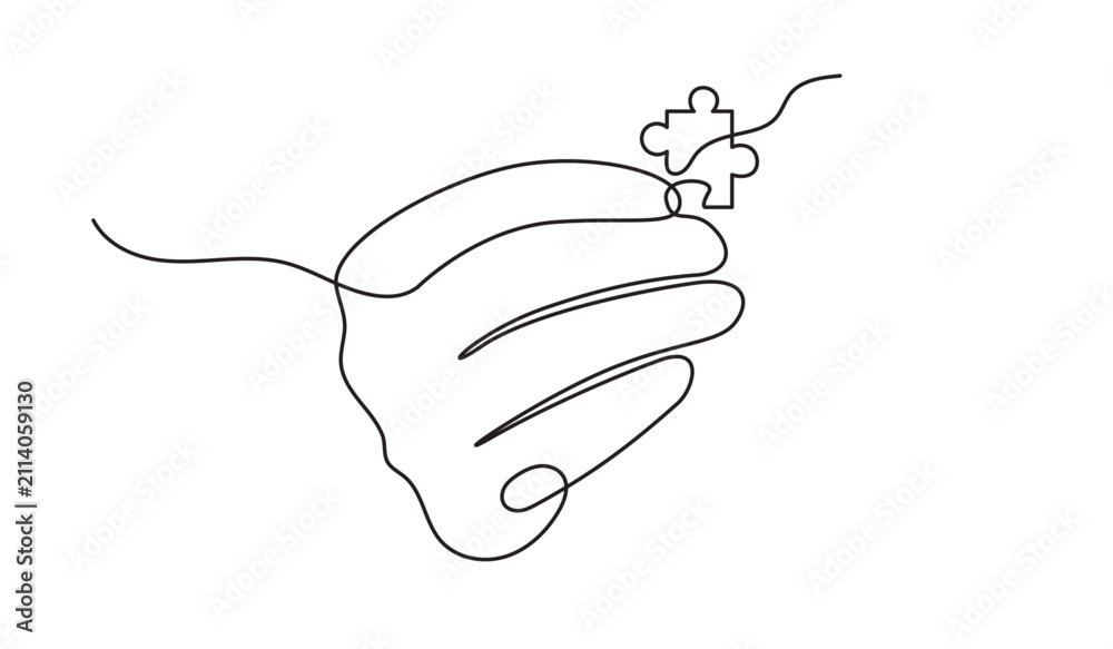Obraz premium Continuous line drawing of a human hand holding a jigsaw puzzle piece for business solution on white background vector illustration
