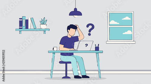 Foto Confused man working on laptop at desk, contemplating a problem